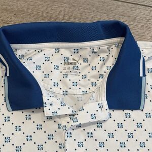 Puma Golf Polo Shirt Mens Size XXL White Blue Geometric Casual Preppy Athletic